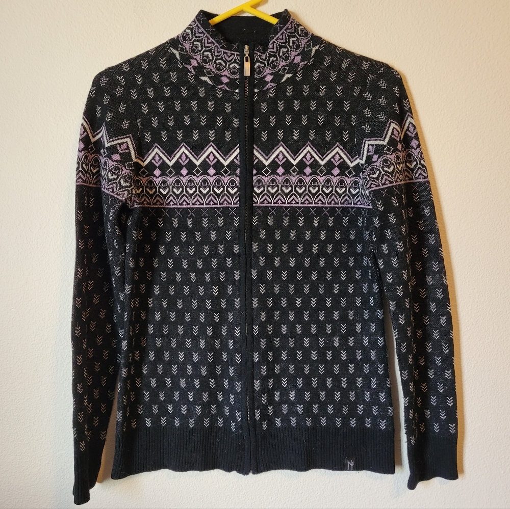 Neve Full Zip Up Cardigan Natalie Sweater Merino Wool Blend Mock Neck Fairisle